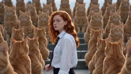 A red-haired lead turns toward a crowd of tabby cats