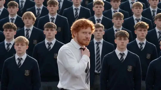 A red-haired lead stays still as the uniformed crowd bends