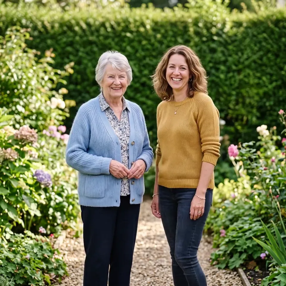 Mother and adult daughter in a garden · 5 s · silent