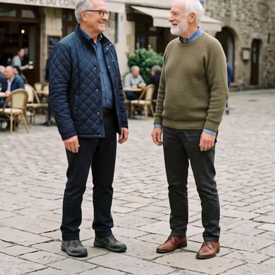 Two old friends on a café square · 5 s · silent