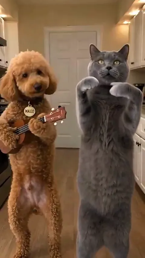 Um poodle toca, um gato cinza canta · 23 s · som original